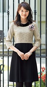 en joie(アンジョア) 61680 優しい雰囲気のネックラインで大人可愛い七分袖ワンピース ツイード×無地 93-61680